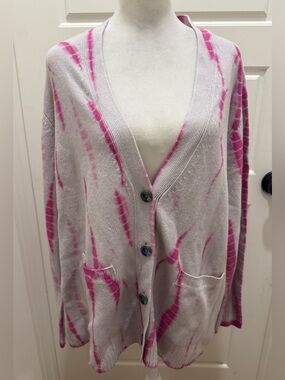 NWT. unsubscribed. Boyfriend Cardigan. 100% Cashmere. Purple & Gray Tie Dye. L.